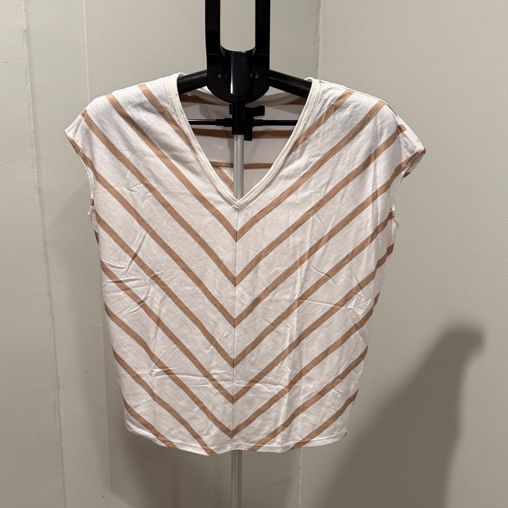 White House Black Market Tan and White Striped V-Neck Top